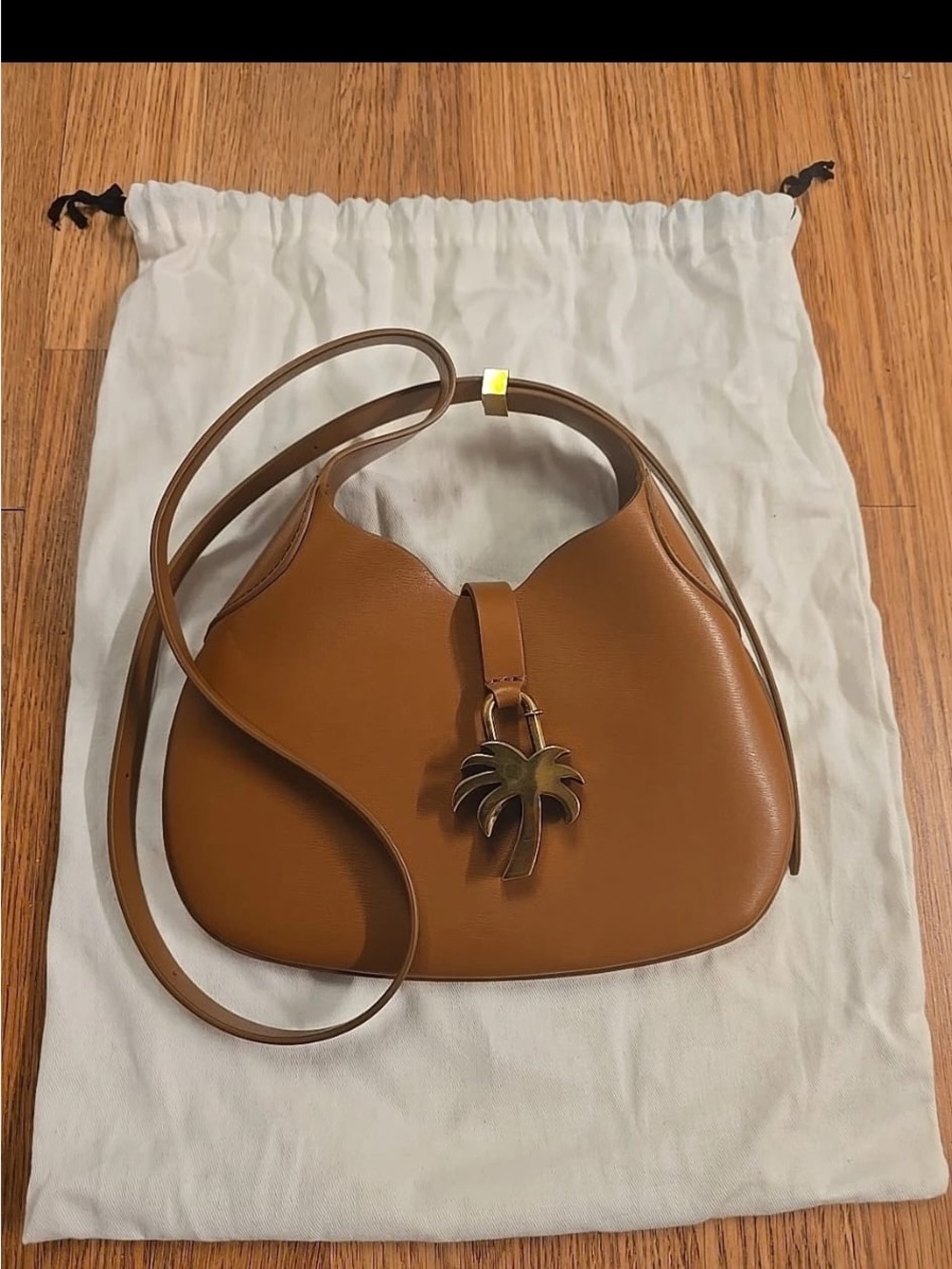 Palm Angels Tan Leather Crossbody Bag with Palm Charm